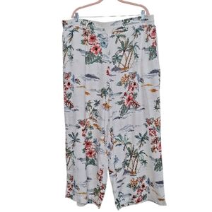 Time and Tru Tropical Floral Linen-Blend Wide Leg Pants 22 Coastal Boho Vacation